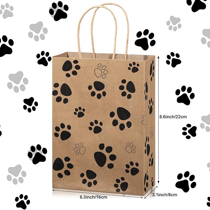 Blulu 20 Pcs Puppy Dog Paw Gift Bags with Paper Twist Handles, Dog Gift Paper Paw Treat Goodie Bags for PET Treat Party Favor, 6.3 x 3.1 x 8.6 Inch(Brown Backing)