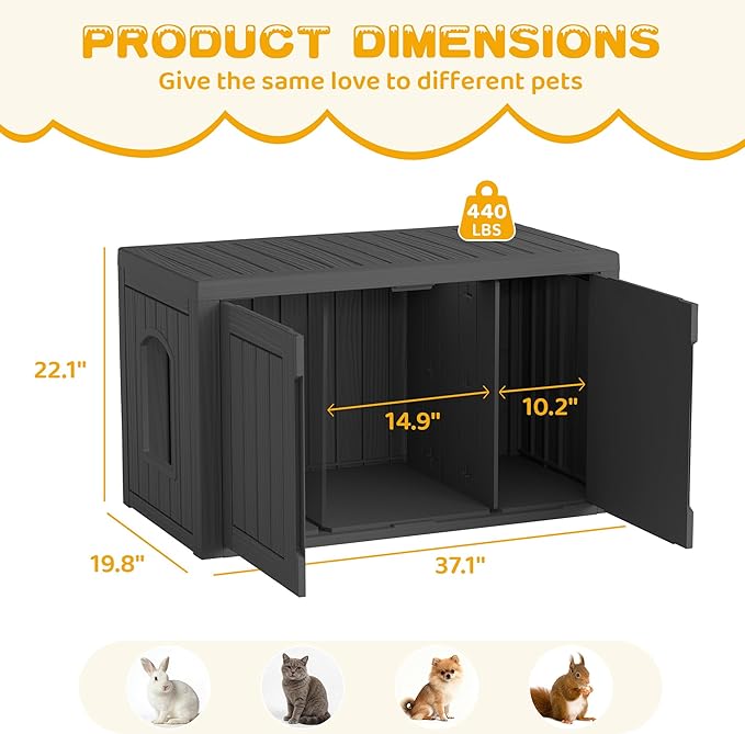 Cat Litter Box Enclosure, Multi-Functional Hidden Enclosed Litter Box Furniture with Adjustable Partition, Indoor Outdoor Cat House Weatherproof, Side Table, Easy to Clean & Assemble, Black