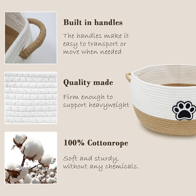 Dog Toy Basket,Large Dog Toy Storage Woven Rope Basket ,Dog Toy Bin with Comfortable Handles,for Dog Cat Storage Organizer,Blanket & Leash Storage,Toys,White & Brown