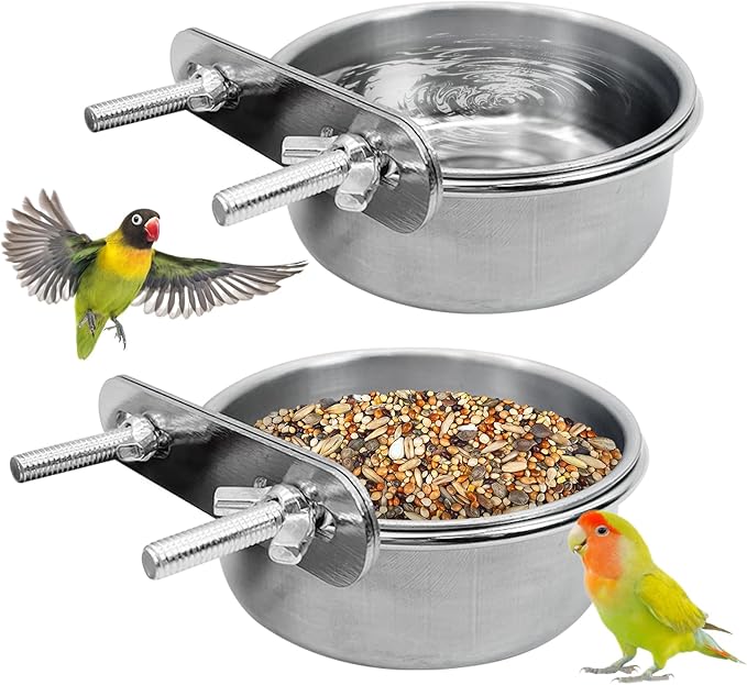 PINVNBY Stainless Steel Bird Bowl Parrot Food Water Bowls with Clamp Holder Bird Feeder Dish Cups Crate Bowls for Cockatiel Pigeons Conure Budgies African Greys (2PCS Screw Size: M)