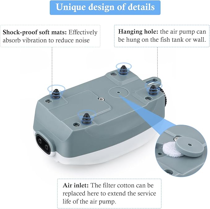 HITOP Dual Outlet Aquarium Electric Air Pump, Whisper Adjustable Fish Tank Aerator, Quiet Oxygen Pump with Accessories for 20 to 100 Gallon