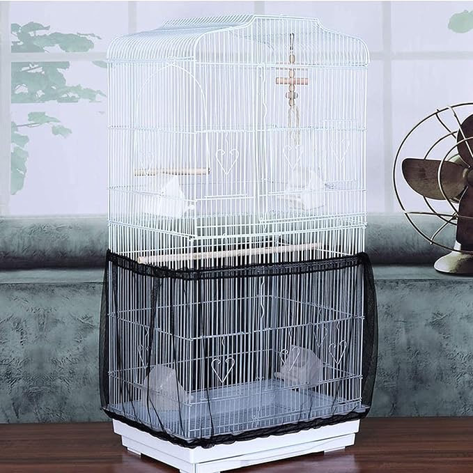 Bird Cage Seed Catcher, Large Airy Gauze Bird Cage Cover Guard, Adjustable Birdcage Nylon Mesh Net Cover (XL-118x32 in, Black)