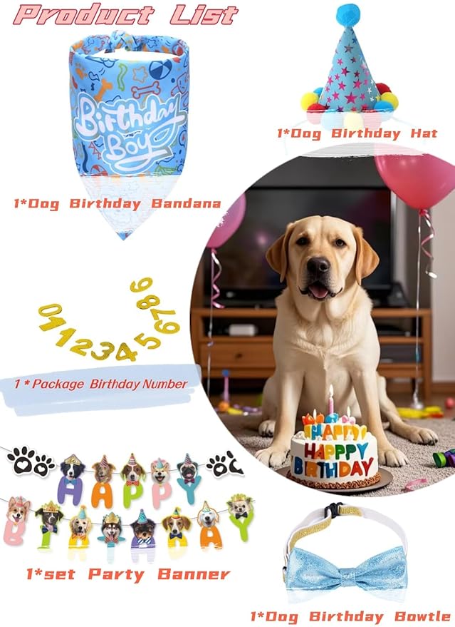 Happy Birthday Dog Party Supplies Kit - Dog Party Hat, Bandana, Bowtie & Happy Birthday Banner Decorations for Small Dogs, Puppy Birthday Outfit Accessories & Pet Birthday Party Decor (Blue)