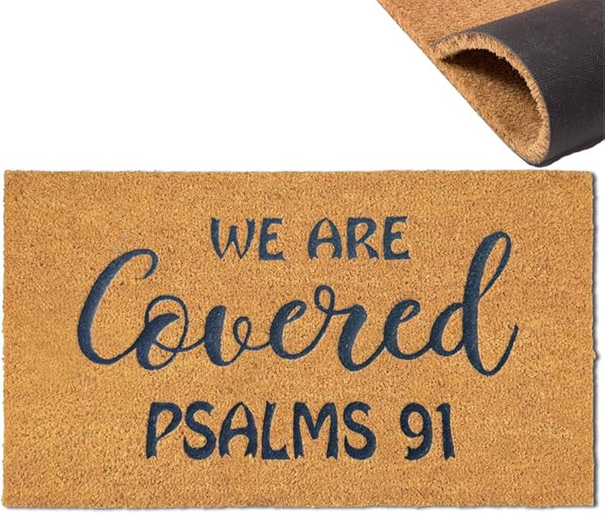 Assaoy We are Covered Psalm 91 Funny Door Mats Outside Coir Doormat for Home Entrance,Front Door mat,Indoor Entrance Embroidered Welcome Rubber Rugs Home Christmas New Year Decor 30”x 18”