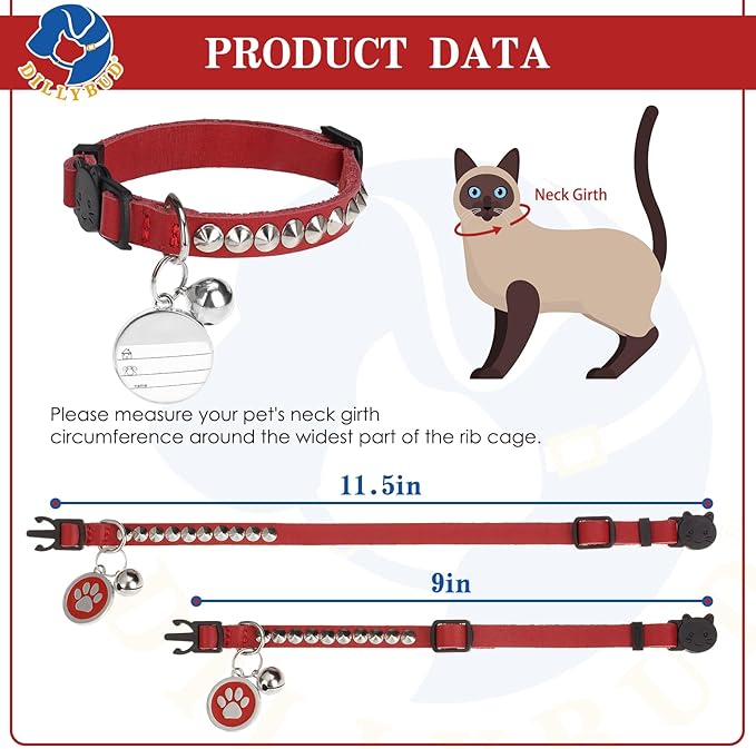 Leather Personalized Breakaway Cat Collar with Studded Bell and Safety Quick Release Buckle - Rivets Studded ID DIY Collars for Boy Girl Cats Kittens, 9" - 11.5" Red