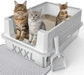 FURTIME XXXL Extra Large Stainless Steel Litter Box with Lid, Large Cat Litter Box for Big Cat, Large Metal Cat Box with High Sided, Non-Stick, Easy Cleaning, Includes Scoop and Mat