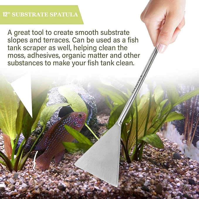 A2Z-Aquascaping Maintenance Tools Accessories,Anti-Rust Stainless Steel Tweezers Scissors Spatula for Aquarium Tank Clean, Fish Tank, Bonsai, Algae Scrapers (12" Substrate Spatula)