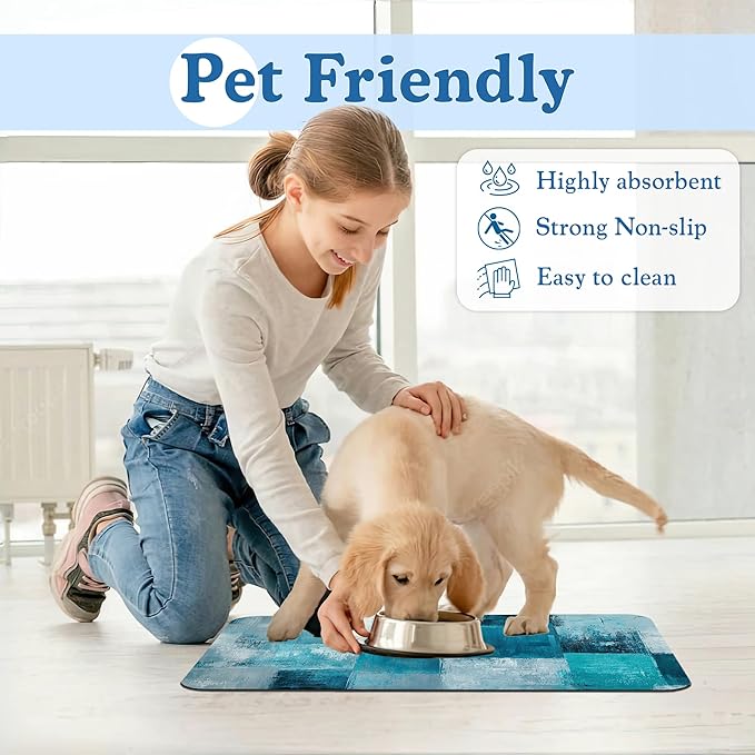 Blue Teal Dog Cat Food Mat–Christmas Stocking Absorbent Waterproof Placemat for Food and Water Bowls, Non Slip Rubber Backing, Feeding Mat for Clean Floors 12"x20"
