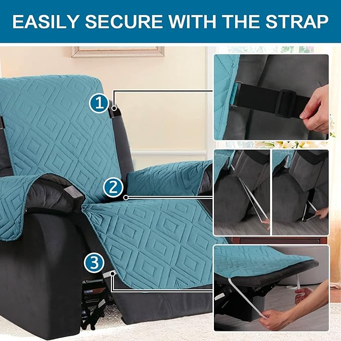 H.VERSAILTEX Reversible Quilted Recliner Covers Water Resistant Furniture Protector for Reclienr Chair with Elastic Straps for Pets Kids Sitting Width Up to 22"(Recliner, Cameo Blue/Beige)
