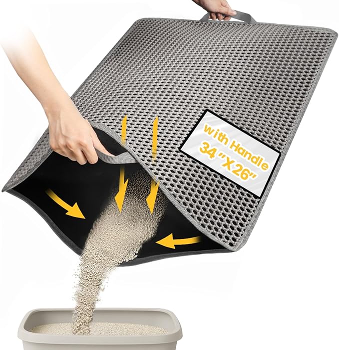 Cat Litter Mat, Upgrade Super Waterproof Back Layer Litter Box Mat, Non Slip, Durable, Soft on Paws Kitty Trapping Matt (34"x26", Gray)