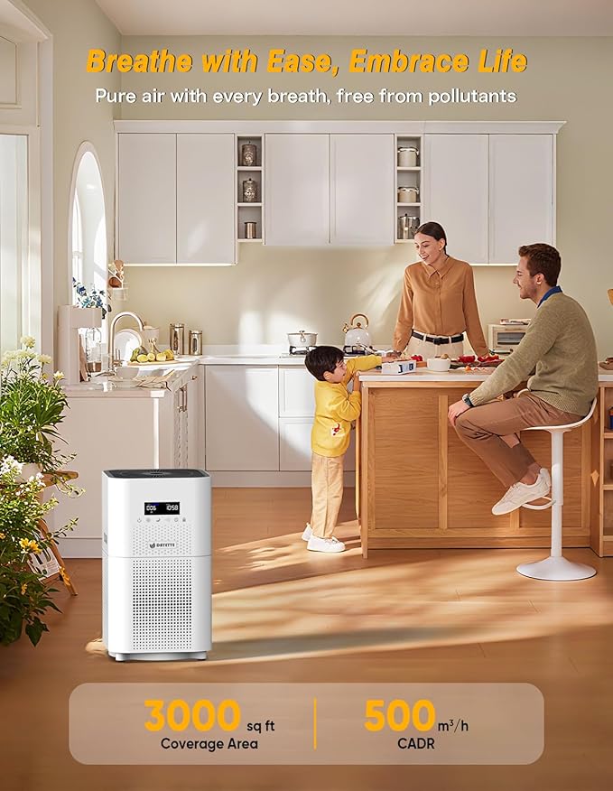DAYETTE Air Purifiers for Home Large Room up to 3000 Sq Ft, CADR Upgrade to 500 m³/h H14 Ture Hepa Air Filter, Air Purifier with Air Quality Monitor, 22dB Sleep Mode for Bedroom, Living Room, White
