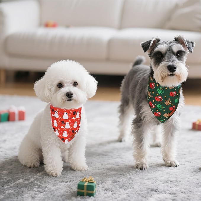 ADOGGYGO Christmas Dog Bandanas 2 Pack, Reversible Snowman Hoho Pattern Xmas Scarf, Premium Fabric, Adjustable Fit Red Green Christmas Bandanas for Small Dogs (Small)