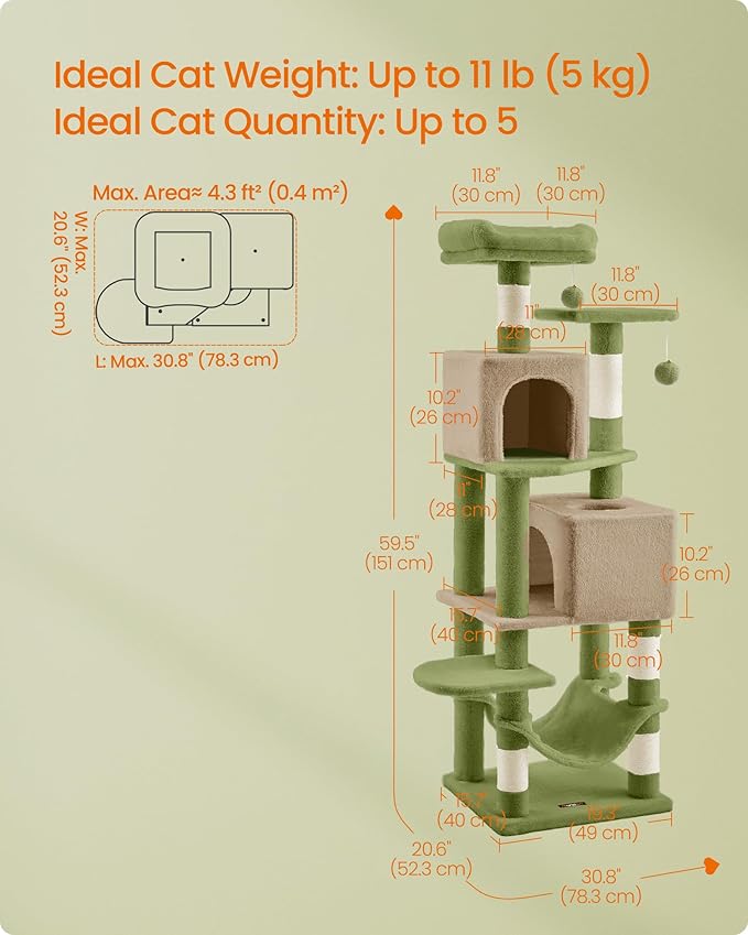 Feandrea Cat Tree, 59.5-Inch Tall Cat Tower, Plush Multi-Level Condo with 5 Scratching Posts, 2 Perches, 2 Caves, Hammock, 2 Pompoms, Grass Green and Camel Brown UPCT192C03