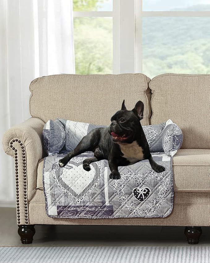 Brilliant Sunshine Quilted Calming Dog Bed Mat, Removable Washable Cover, Cushion Protector and Couch Covers for Dogs, Pets, Cats, Medium, Grey Heart Love Patchwork