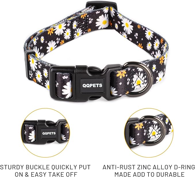 QQPETS Adjustable Soft Dog Collar: Print Flower Pink Multicolor Cute Patterns for XS Small Medium Large Pet Girl Boy Puppy Walking Running Training (S, White Daisy)