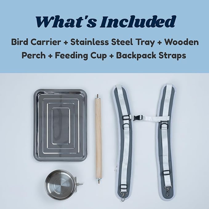Birds Day Cockatoo Carrier Backpack-Parrot Travel Cage with Wooden Perch and Food Bowl, Stainless Steel Tray (Charcoal Gray, Cockatoo & Similar)