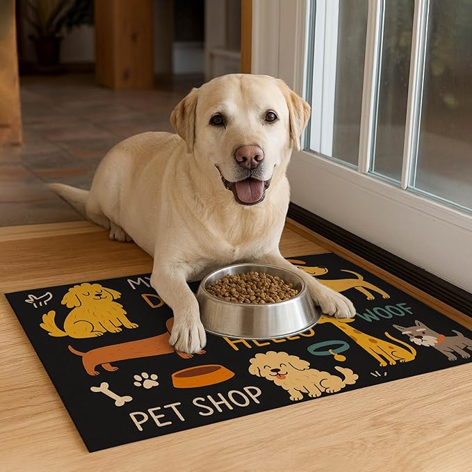 Cute Happy Dog Pattern Design Pet Food Mat 20" x 12" Fun Easy Clean Pet Feeding Mat Absorbent Cat Bowl Mat Non Slip Dog Foods Mats Pets Placemat for Dogs and Cat Feeding