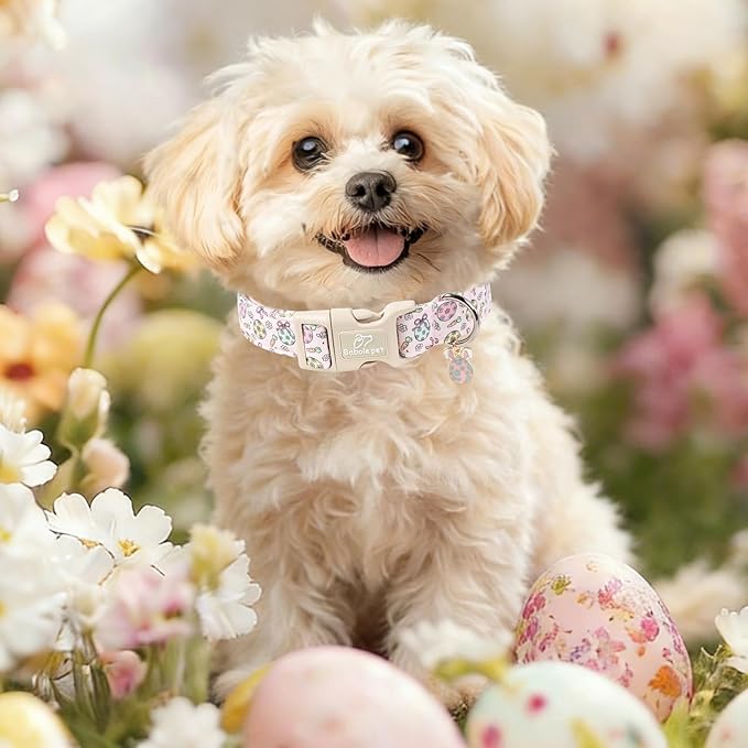 Easter Dog Collar for Large Dogs - Easter Egg Pastel Dog Collars, Cute Girl Dogs Collar, Lightweight Adjustable Pink Spring Holiaday Dog Collars with Quick Release Buckle L