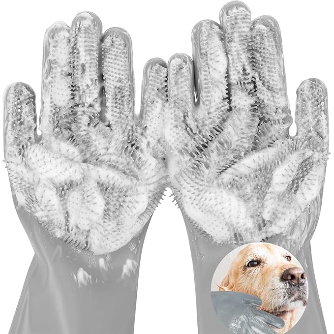Dog Washing Gloves for Shedding & Bathing - 5-Finger Deshedding & Massage Gloves for Dogs & Cats, Reusable Heat-Resistant Silicone Brush Gloves, Gentle Hair Removal & Bathing Aid (Pair) (Grey)