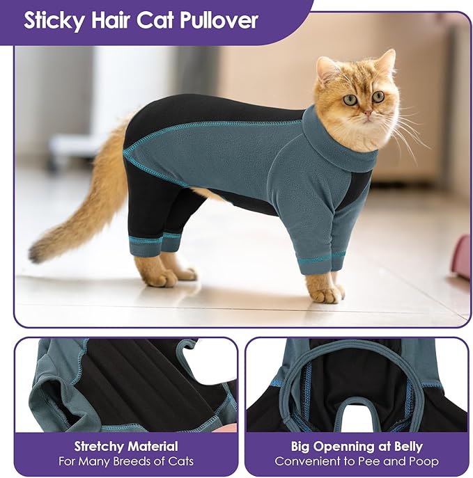 SUNFURA Hair Sticky Cat Clothes, Cat Sweater for Cats Only, 4-Legged Fleece Sweaters Kitten Pajamas Reduce Shedding Fur, Warm Pullover Shirts for Cats, Green S