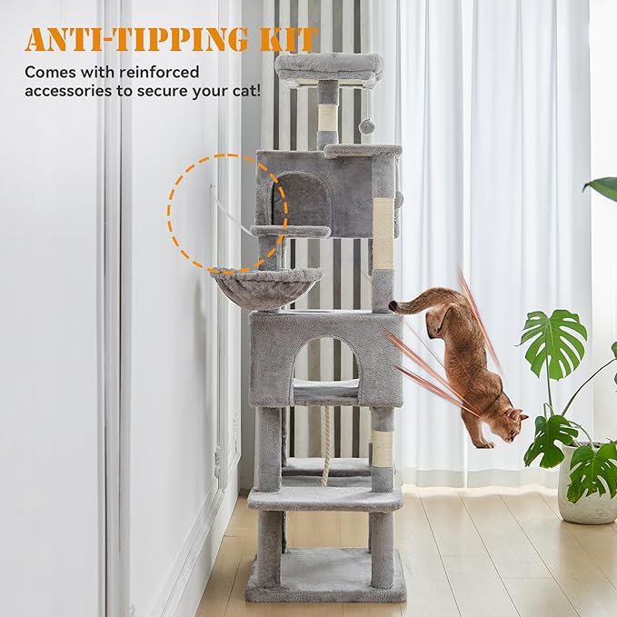 Sweetcrispy 66 Inch Cat Tree Tower, Multi Level Cat Climbing Tower with Natural Sisal Scratching Posts, Hammock, Pet Condo for Indoor Cats and Kittens Play, Grey