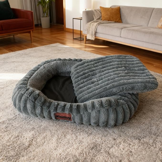 Orthopedic Dog Bed for Small Medium Dogs & Cats - Soft Furry Puppy Bed with Removable Washable Cover & Anti-Slip Bottom, Calming Rectangle Cat & Puppy Bed for Indoor Pets, 25x21x4inches, Grey