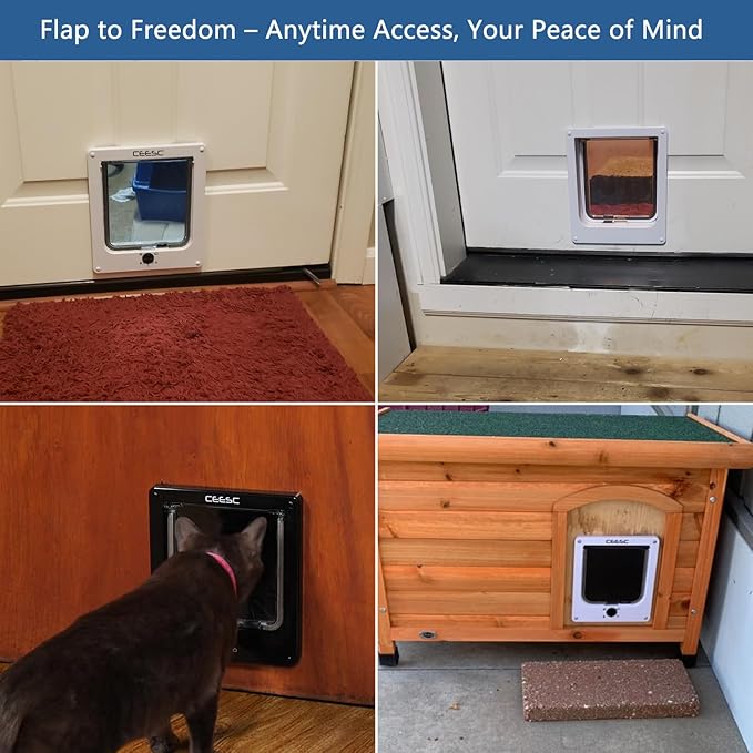 CEESC Medium Cat Door for Interior/Exterior Door, Weatherproof, Black, Rotary 4 Way Locking Pet Door for Cats & Dogs with Circumference < 15.75", Upgraded Version