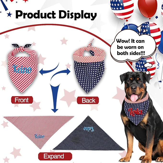 Personalized 4th of July Dog Bandana Embroidered Name Custom Neckwear Dog Scarf for Small Medium Large Dogs Cats Pets Birthday Gift
