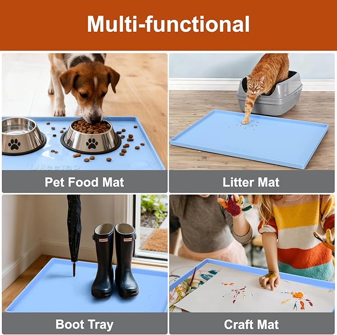 Extra Thick Silicone Mat Waterproof with Raised Edge 34" x 22", Under Sink Mat for Kitchen & Bathroom, Kitchen Cabinet Liner, Multi-Purpose for Storage & Protection, Blue