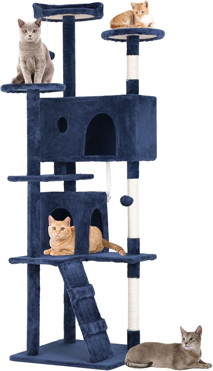 70 Inch Navy Blue Cat Tree, Tall Cat Tower with 2 Condos, 3 Scratching Posts, Multi-Level Platforms - Sturdy Climbing Structure Tall Cat Tower for Indoor Cats