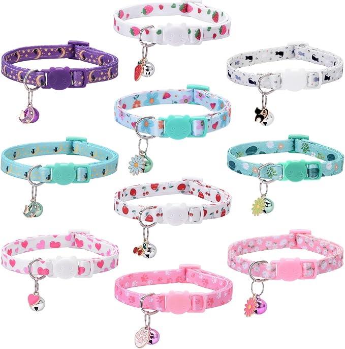 10PC Floral Cat Collar Set with Bells - Breakaway Safety for Kittens and Small Cats (#2)