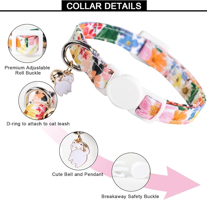 Unique style paws 2 Pack Kitten Collar Breakaway with Bell & Pendant, Adjustable Safety Cat Cotton Collars for Girl Boy Cats and Small Pets