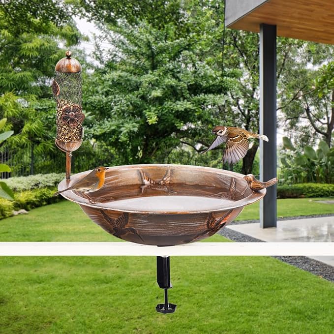 DREAMSOUL Deck Bird Bath with Feeder, 13" Bird Bath for Outside with Adjustable Sturdy Steel Clamp, Metal Birdbath Bowl for Railing Balcony Patio Decor