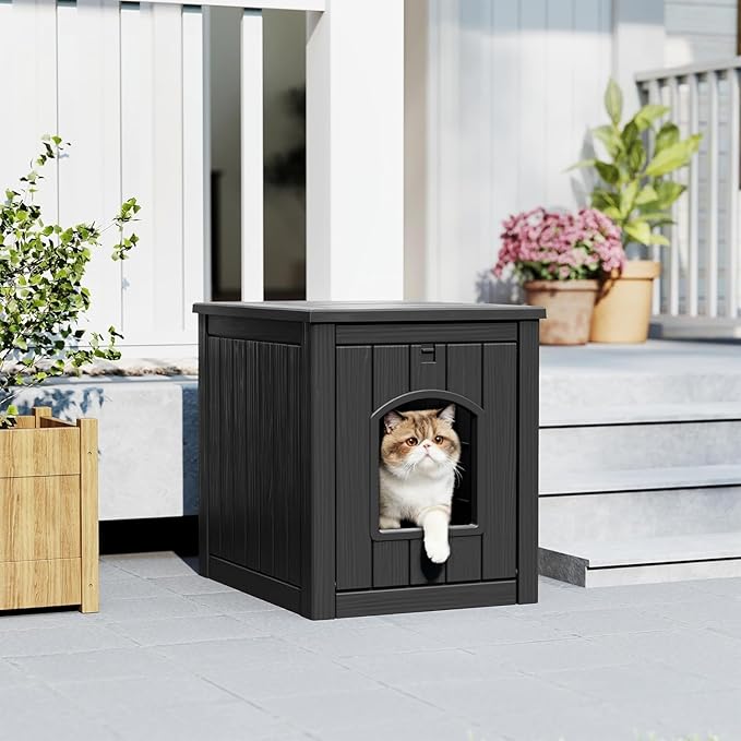 Cat Litter Box Enclosure, Hidden Litter Box with Openable Front Door, Outdoor Cat House Weatherproof, Side Table, Easy to Clean and Assembly, Dark Black