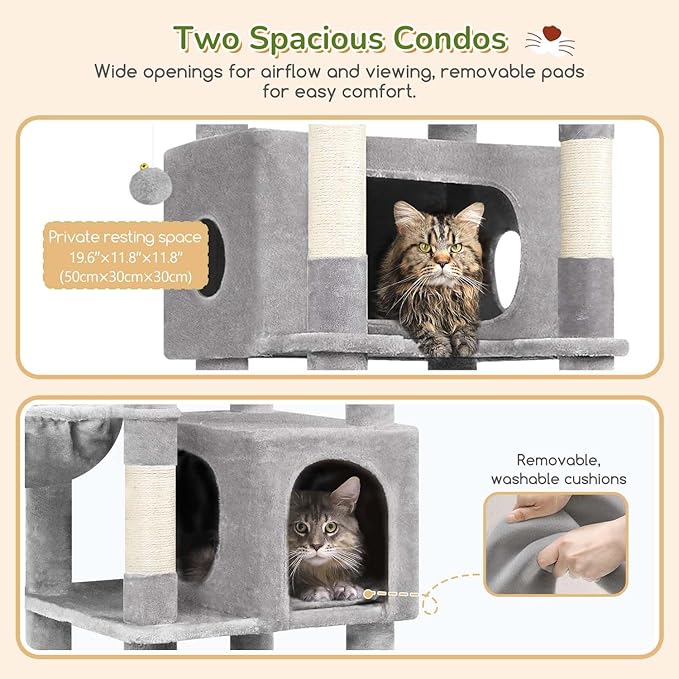 Globlazer Heavy Duty Cat Tree, 74in Sturdy Cat Tower for Large Cats Adult, Big Cat Tree with 7 Sisal Scratching Posts, 2 Padded Condos, 2 Dual-Ear Hanging Baskets, Enlarged Top Perch, S74, Light Grey