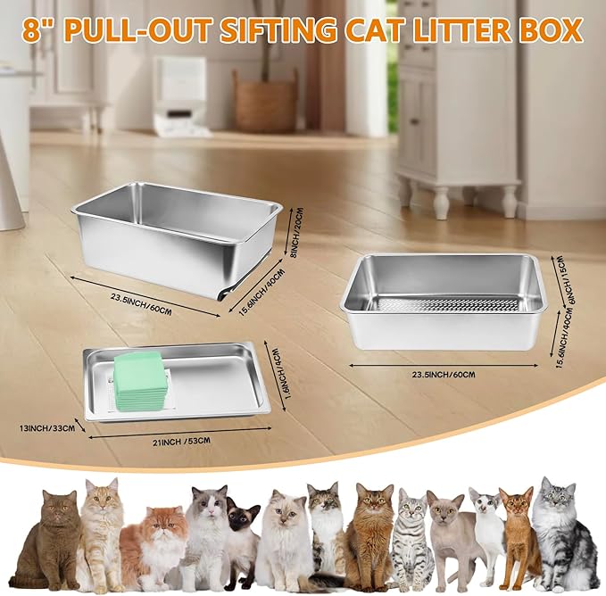 23.5" x 15.7" x 8" Stainless Steel Sifting Litter Box for Pine Pellets, XXL Large Pull-Out Cat Litter Box for Big Cats with High Sides, Metal Cat Litter Pan with Plastic Scoop &10 Urine Pads