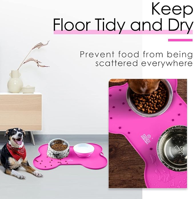 Super Design Dog Food Mat Dog Bowl Mat for Food and Water Silicone Non Spill Cat Feeding Mat Puppy Placemat Waterproof - 20.5" x 14.5", Rose