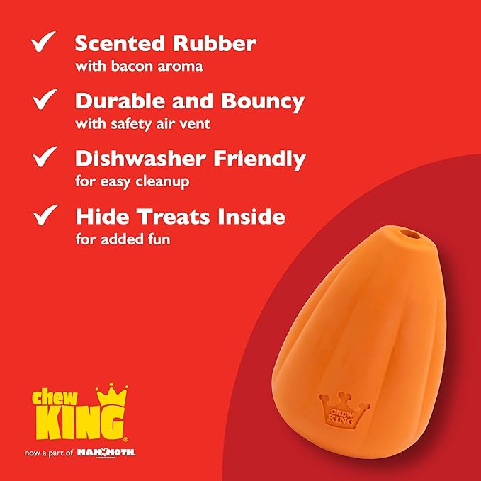 Chew King by Mammoth Premium Treat Dispensing Dog Toy, Durable Natural Rubber Chew Toy with Bacon Flavor, Safety Air Vent, Interactive Enrichment Toy for Aggressive Chewers, XL - Orange