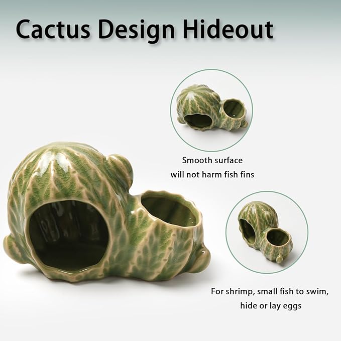 Aquarium Decor Cave Betta Fish Tank Accessories Ornaments Cactus House Hideout for Shrimp Cichlid Hermit Crab, Octopus Hiding Breeding for Tank (Green Cactus)