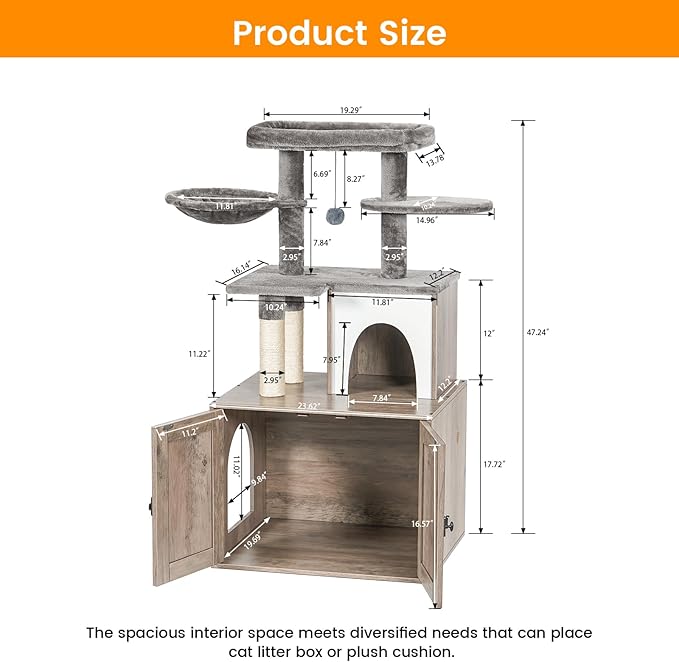 Snughome Cat Litter Box Enclosure with Tree Tower and Condo, Hidden Washroom Furniture with Sisal Scratching Post and Soft Plush Perch, Wooden Cat Furniture with Multiple Platforms, Grey