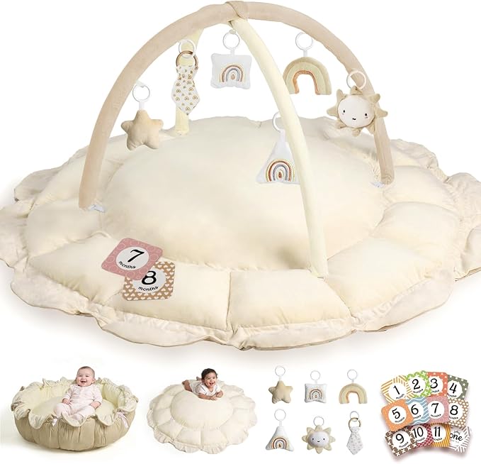 Little Dove 5-in-1 Convertible Baby Play Gym with 6 Toys, Tummy Time Mat for Sensory Development, Baby Activity Center for Newborn & Toddler, Ball Pit, Soft Pet Mat, No Ball Included Cream