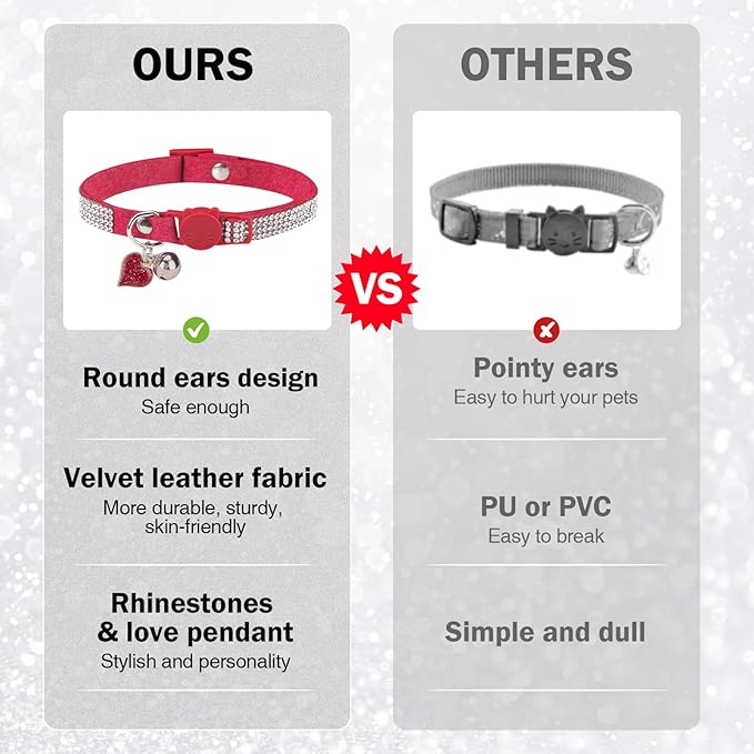 Rhinestone Cat Collar Breakaway with Bell, Diamond Cat Collar with Safety Buckle Quick Release for Girl Boy Small Kitten Pets Puppy,Cute Soft Female Male Cat Collars, Color Red 8-12"