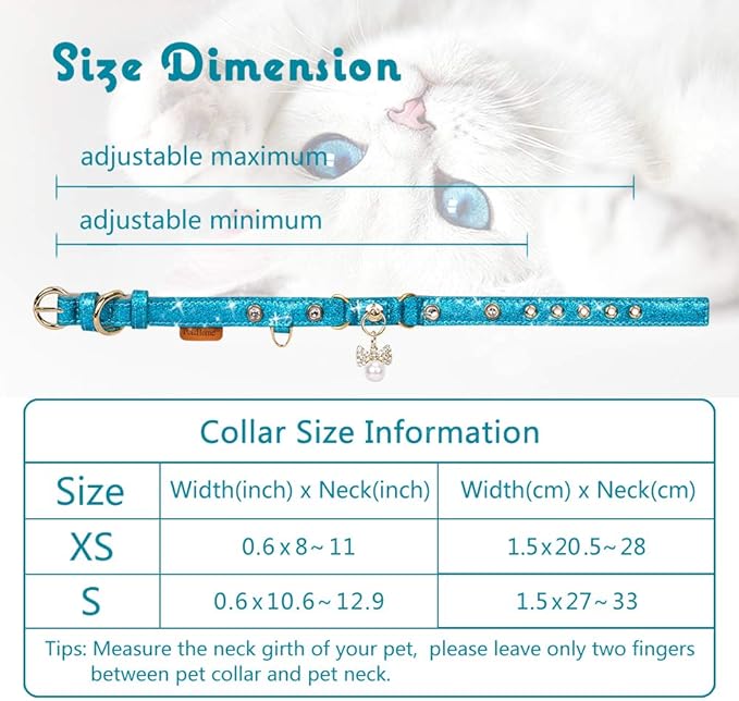 PetsHome Cat Collar, Dog Collar, [Bling Rhinestones] PU Leather Adjustable Pet Collar with Luxury Pendant for Big Cat and Small to Medium Dog Small Blue