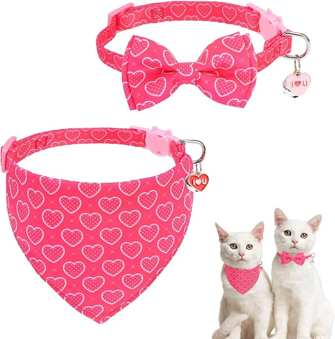 SCENEREAL Valentine's Day Cat Bandana Collars with Bell Bowtie - 2 Pack Breakaway Pink Kitten Collars, Adjustable Cute Love Heart Pet Accessories for Cats Small Dogs