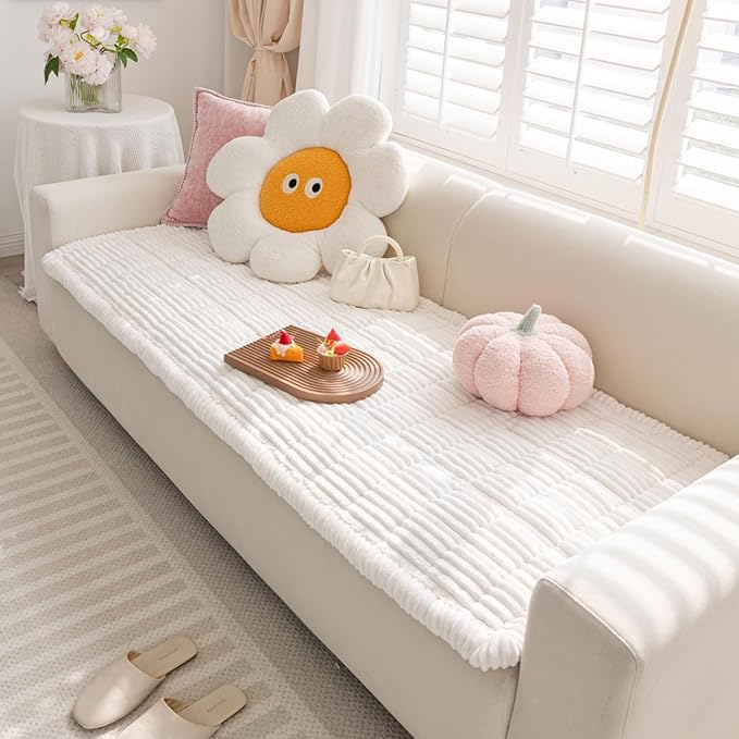 FUNNY FUZZY Pet Couch Covers for Sofa, Washable Dog Couch Cover Protector for Dogs, Flannel Couch Covers for Dogs Pet Friendly Pets Mat Bed Sofa Cover (White, 27.6"×59.1")