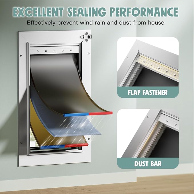 3-Flap Insulated Aluminum Doggy Door for Walls, Heavy-Duty Telescoping Pet Door with Dual Security Locks & Magnetic Flaps, Closing Panel, Medium, Pets Up to 45 LB