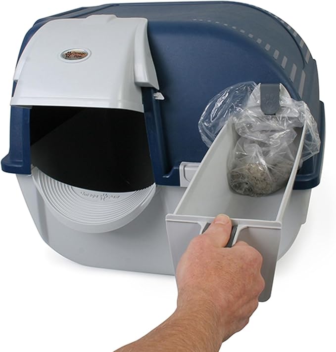 Omega Paw Roll N Clean Complete Self Cleaning Litter Box with New Bag System, Litter Step, Sifting Grate, and Pullout Waste Tray with 100 Bags, Blue