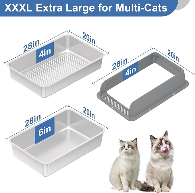 XXXL Stainless Steel Sifting Litter Box with Lid, 28'' L × 20'' W Extra Large Sifting Cat Litter Box for Pine Pellets & Big Cats & Multiple Cats, Metal Pellet Sifter Litter Pan System for Odor Control