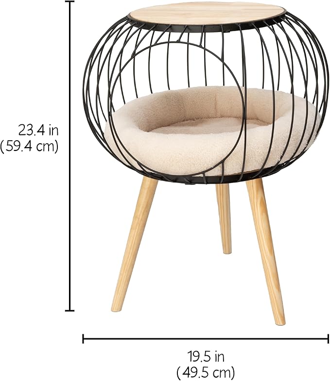 Kitty City Modern Cat Bed with Wooden Side Table, Elevated Indoor Cat Lounge Furniture with Removable Sherpa Cushion, Stylish Cat Bed for Home Décor