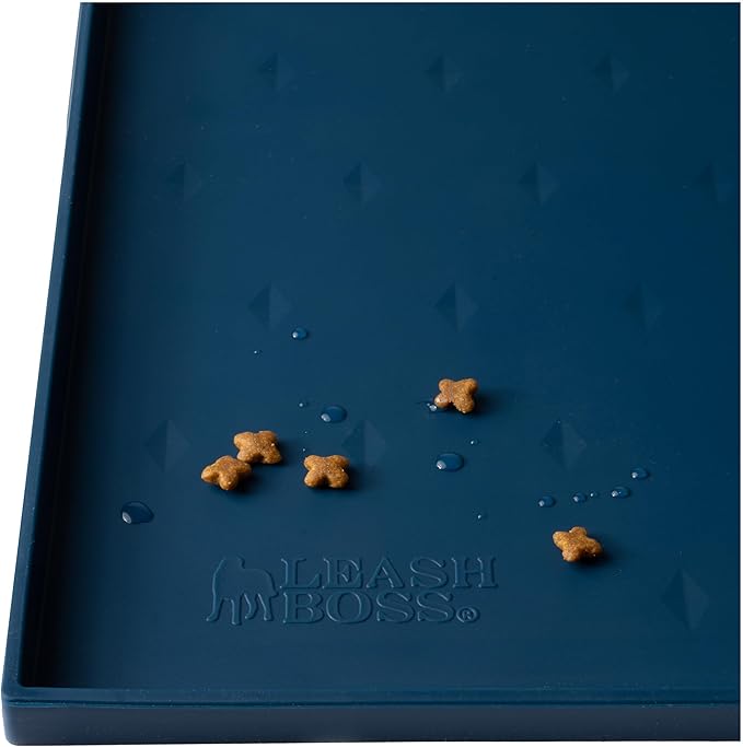 Leash Boss Dog Food Mat - Waterproof Cat & Dog Bowl Mat for Food and Water, Silicone Pet Feeding Mats for Floors, Non-Slip Placemat with High Edges, Puppy Essentials (Small: 18"x11", Navy)